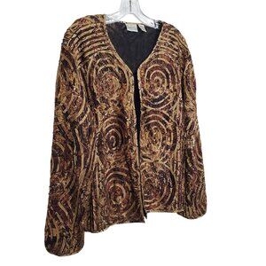 Chicos 3 Sz XL Jacket Abstract Swirl Patterned Open Front Nylon Silk Earth Tones